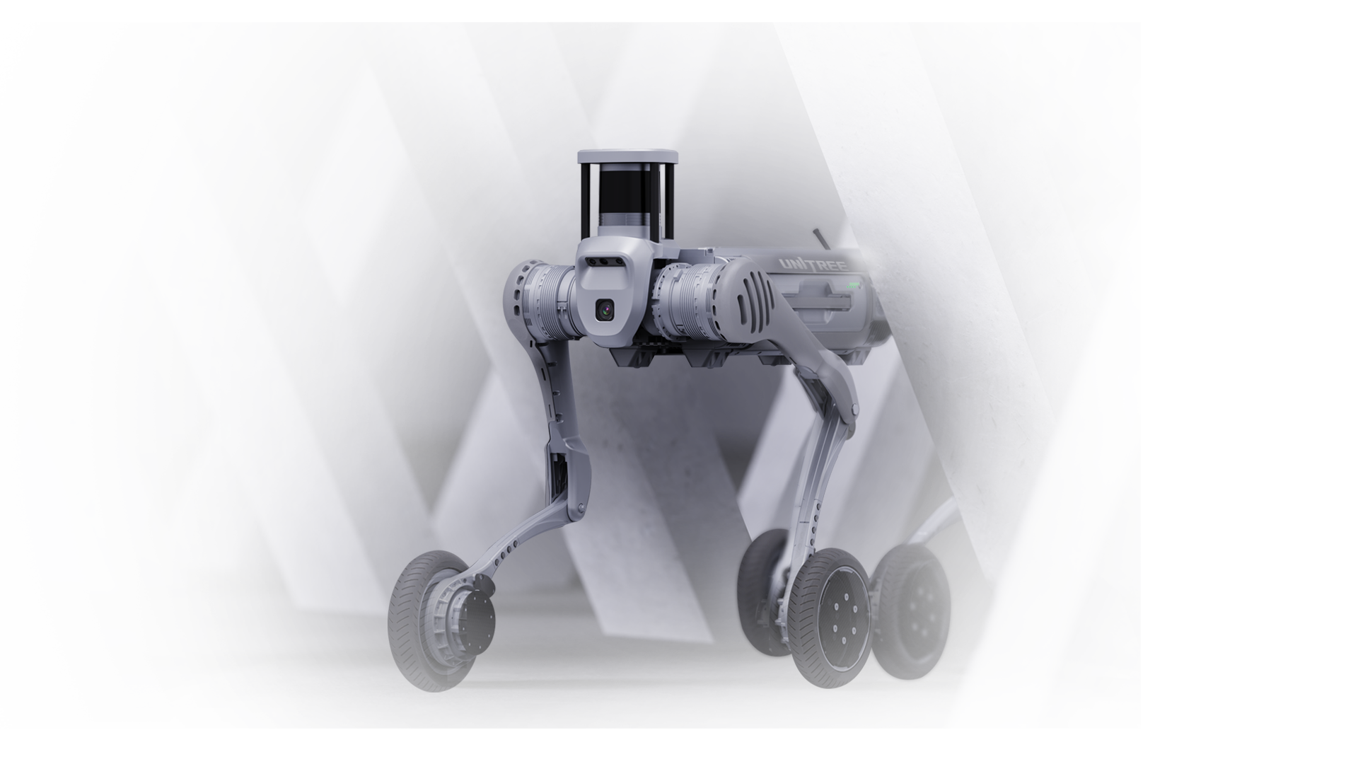 Robot cuadrúpedo B2W vista frontal con fondo gris