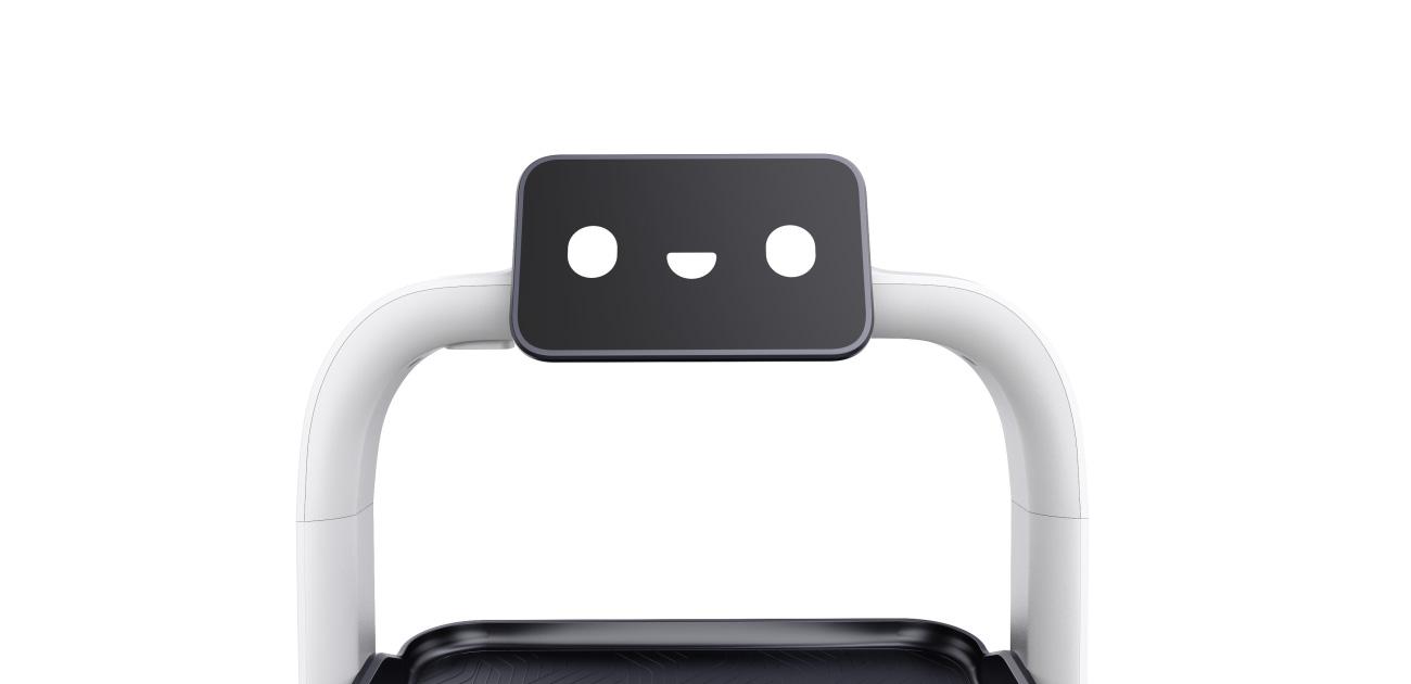 robot camarero pudubot detalle de parte superior con cara sonriente