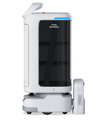robot camarero y reparto swiftbot vista lateral en base de carga