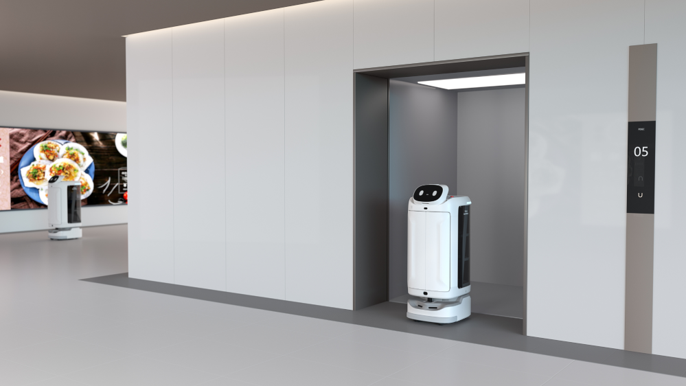 robot camarero y reparto swiftbot saliendo de ascensor