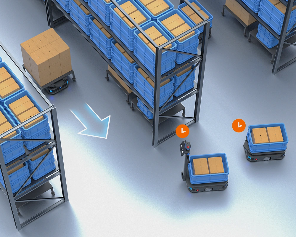 robots de almacén serie T600 estrategia inteligente en pasillos estrechos