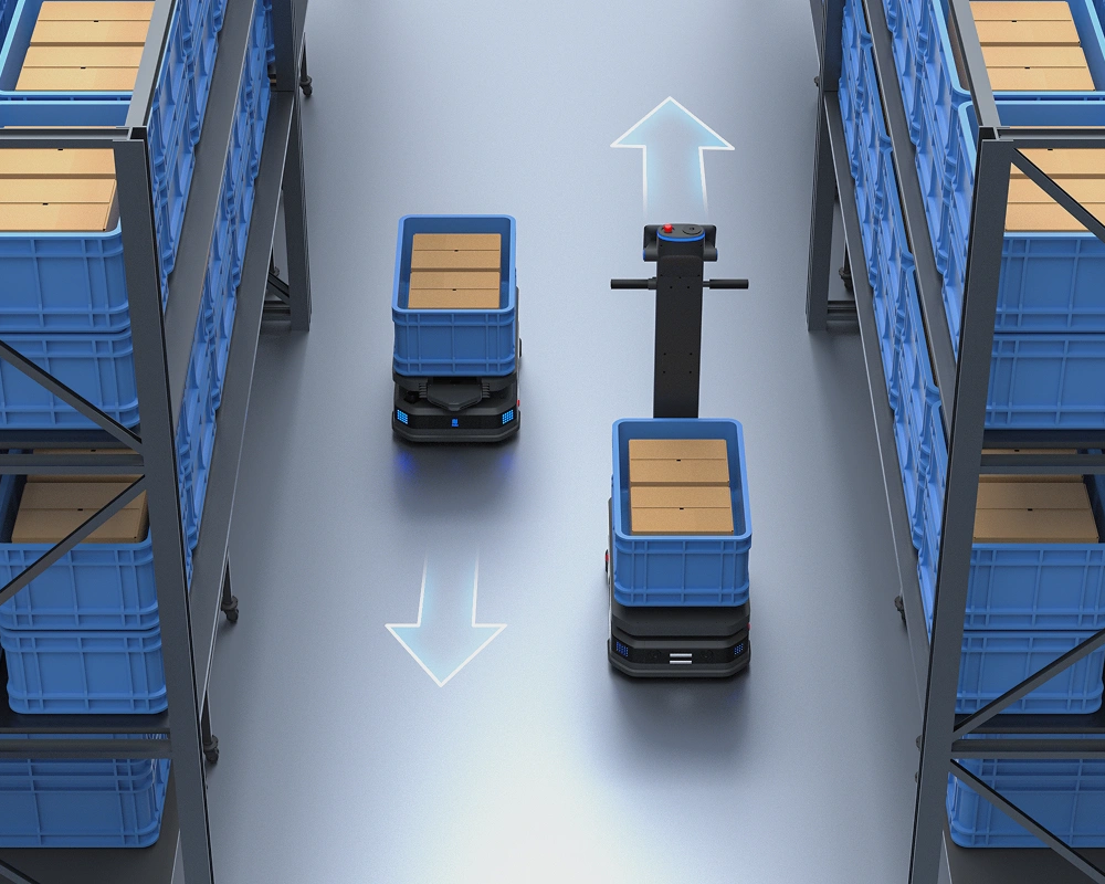 robots de almacén serie T600 gestión pasillos estrechos con otros equipos